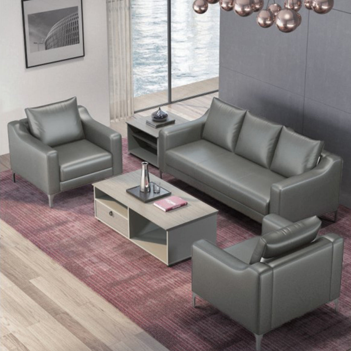 Grey Leather Office Sofa Set
